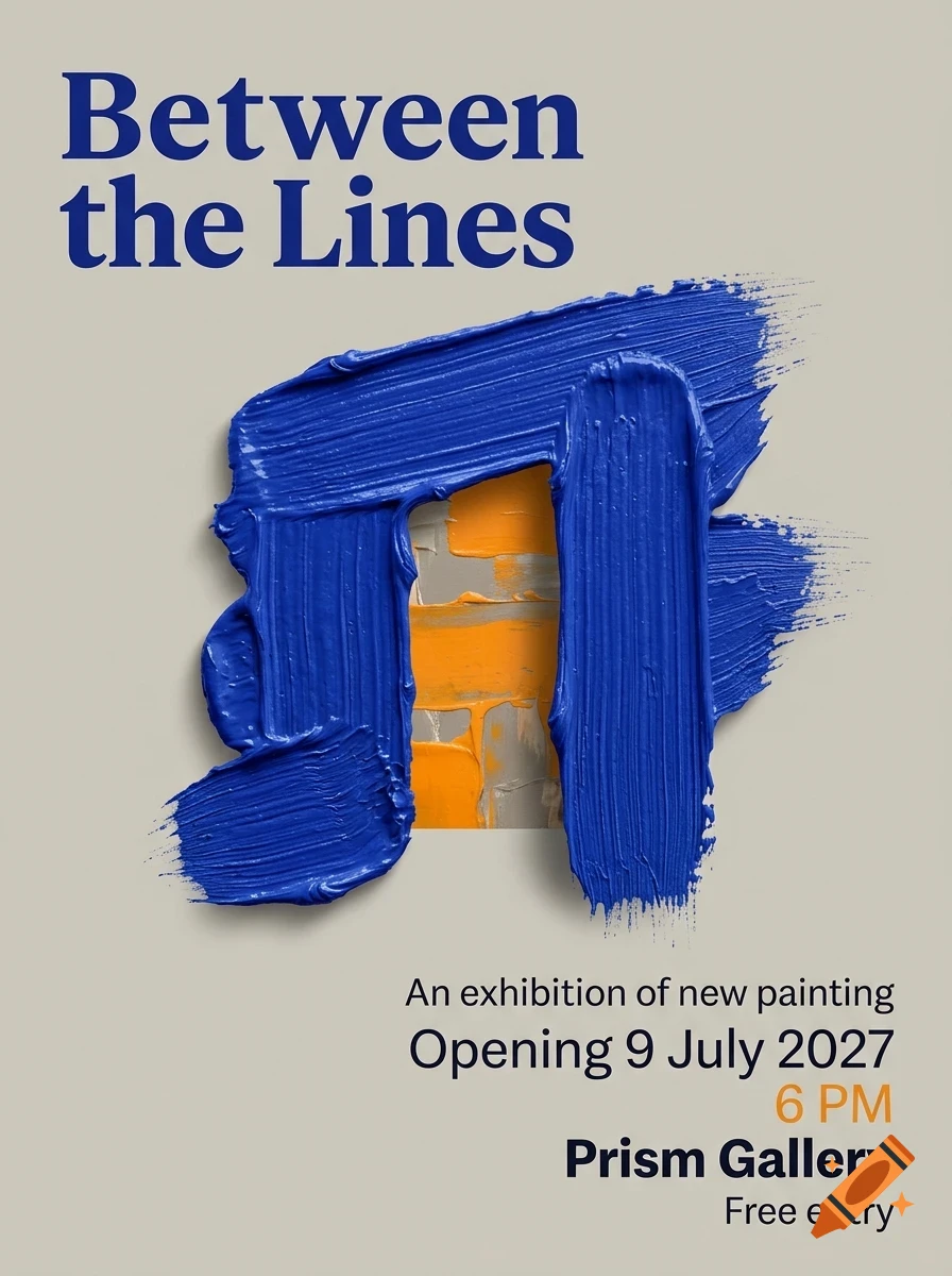 An exhibition poster titled Between the Lines features bold blue brushstrokes framing an orange and gray texture against a pale background.
