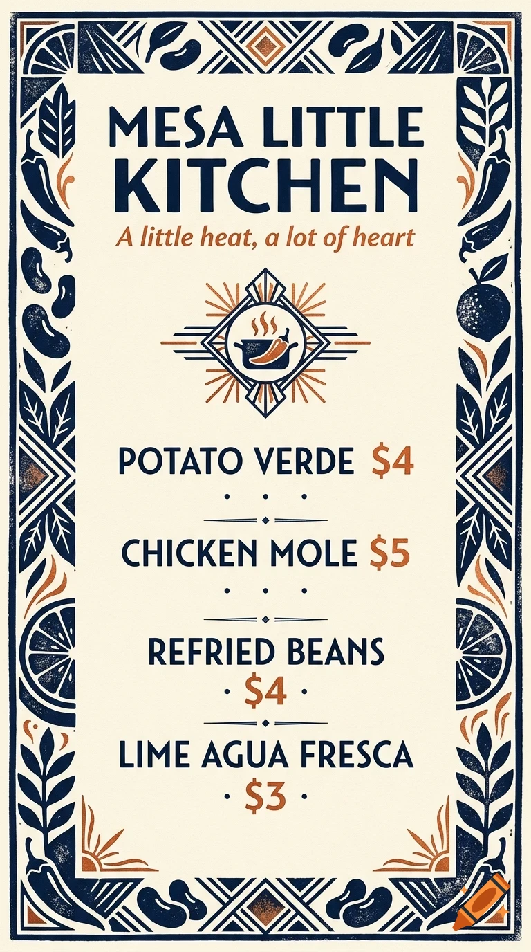 A menu design for Mesa Little Kitchen featuring food items with prices, surrounded by an illustrated decorative border of chili peppers and beans.