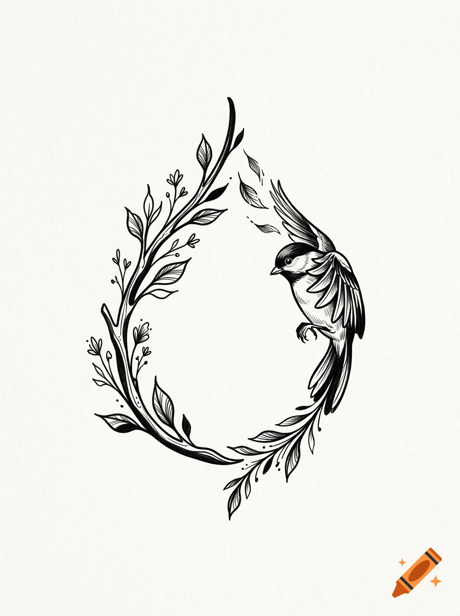 Black and white ink drawing of a bird perched on a leafy branch shaped like a teardrop.