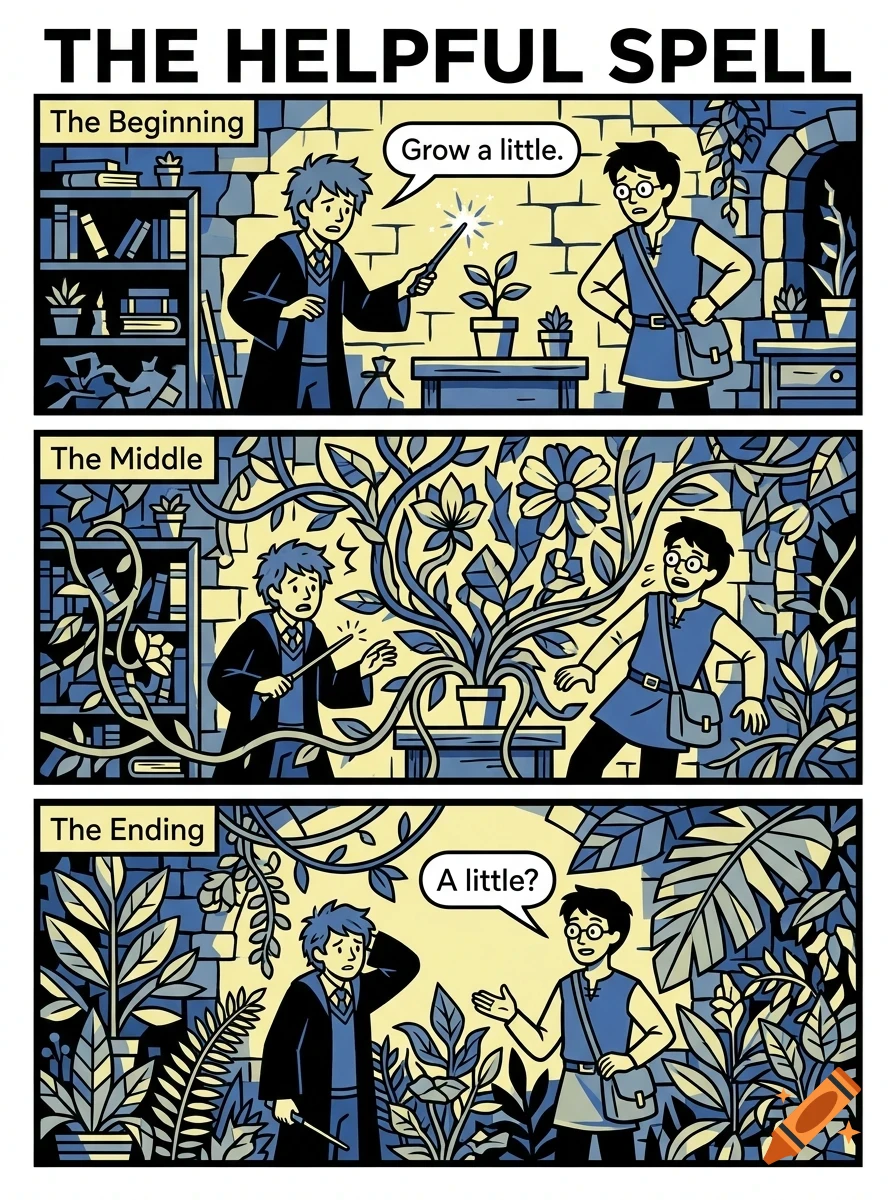 A three-panel comic titled The Helpful Spell shows a wizard casting a growth spell on a potted plant that rapidly grows to fill the room.
