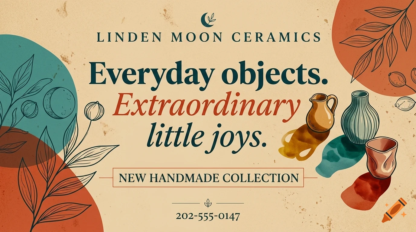 An illustrated banner for Linden Moon Ceramics featuring ceramic pottery, botanical drawings, and lettering reading Everyday objects. Extraordinary little joys.
