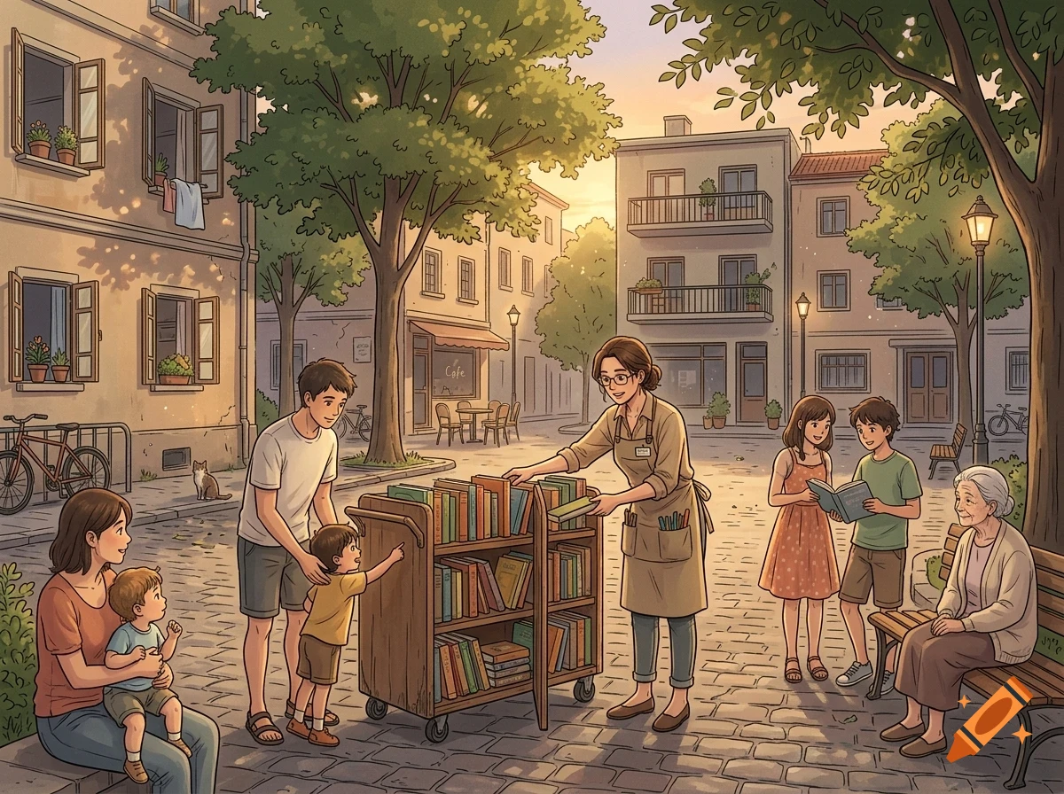 An illustrated street scene at sunset where a woman tends to a mobile book cart, surrounded by people reading and walking in a European-style town square.