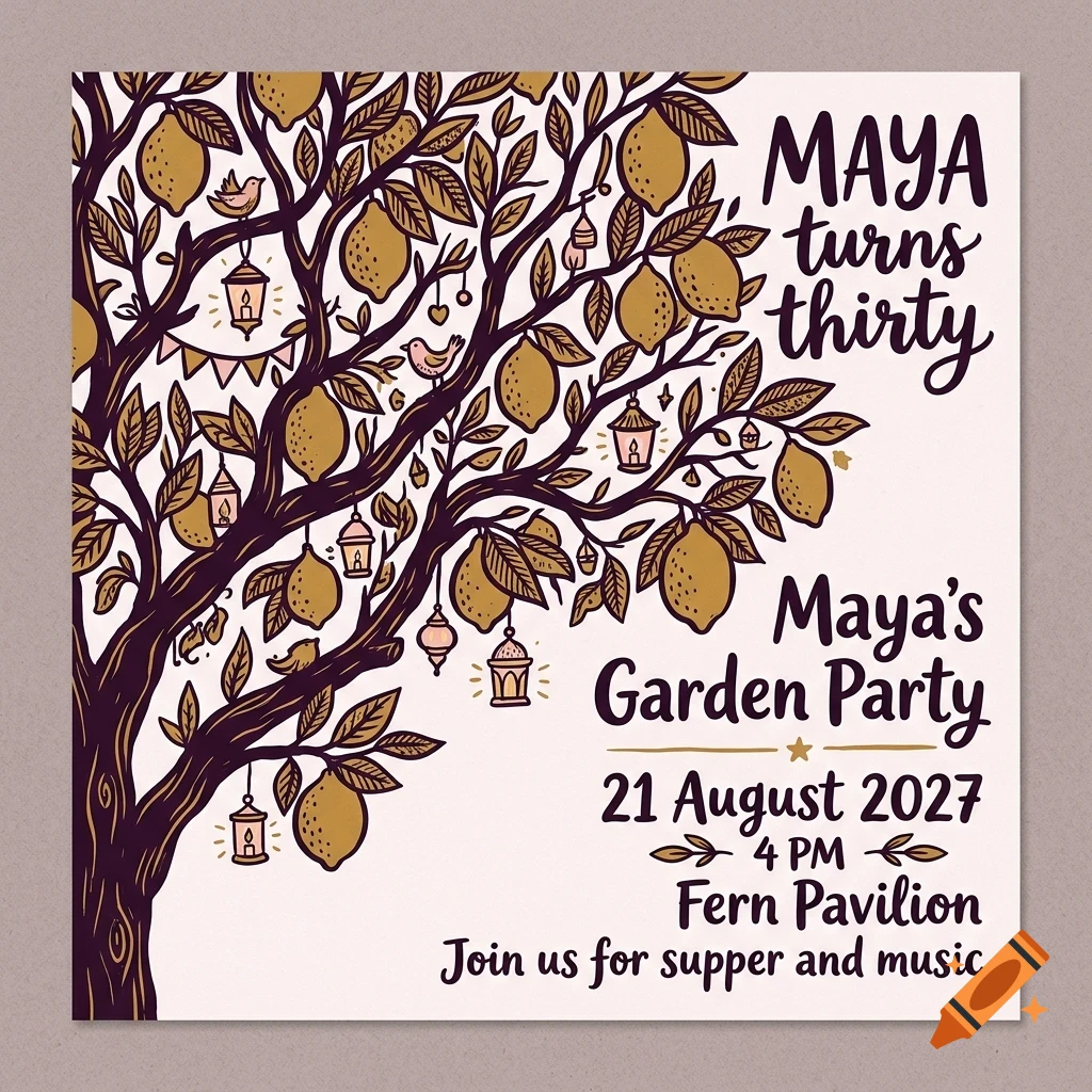 An illustrated invitation featuring a dark tree laden with golden lemons, hanging lanterns, and small birds, accompanied by handwritten text that reads Maya turns thirty and Maya's Garden Party.