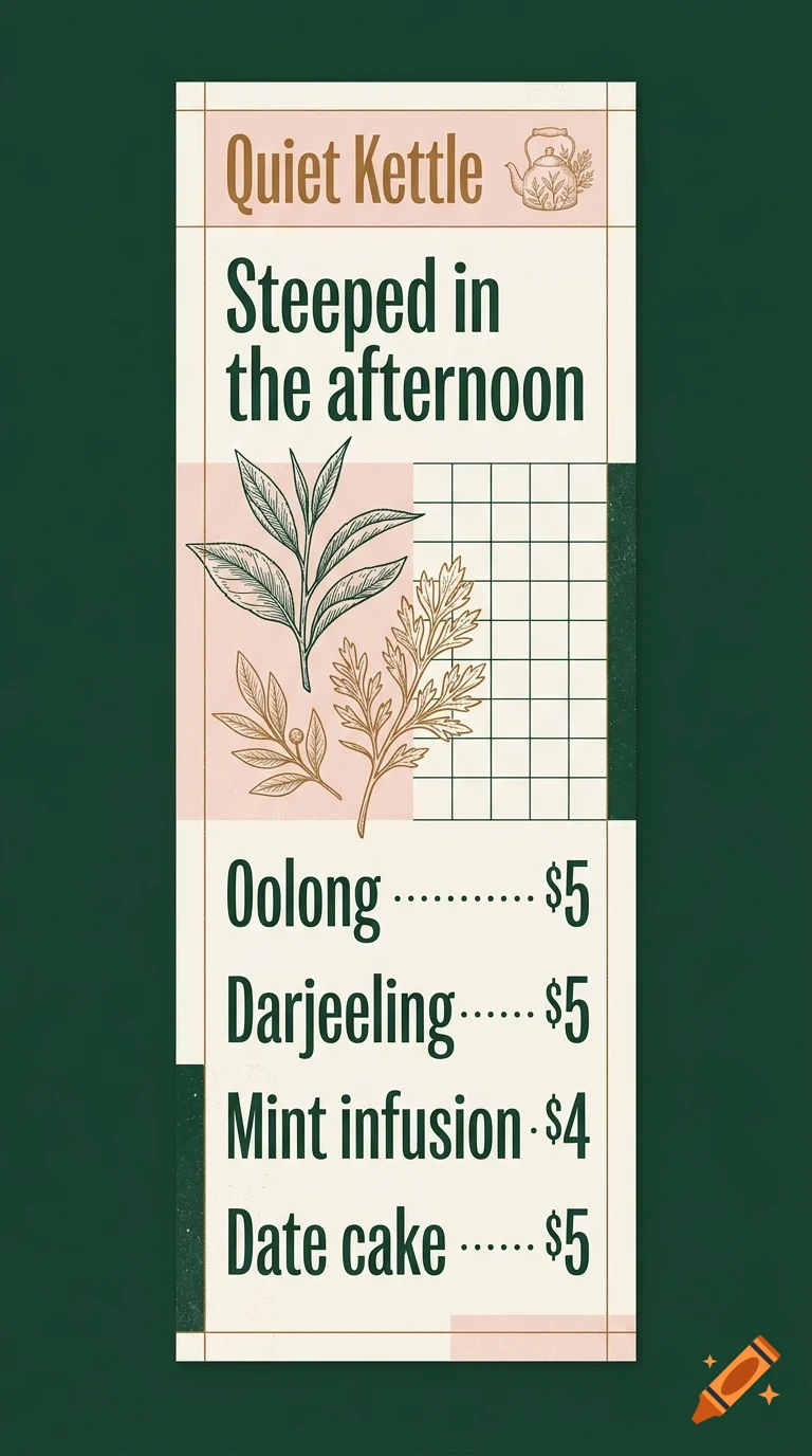 A menu poster for Quiet Kettle featuring tea leaves illustration and pricing list.