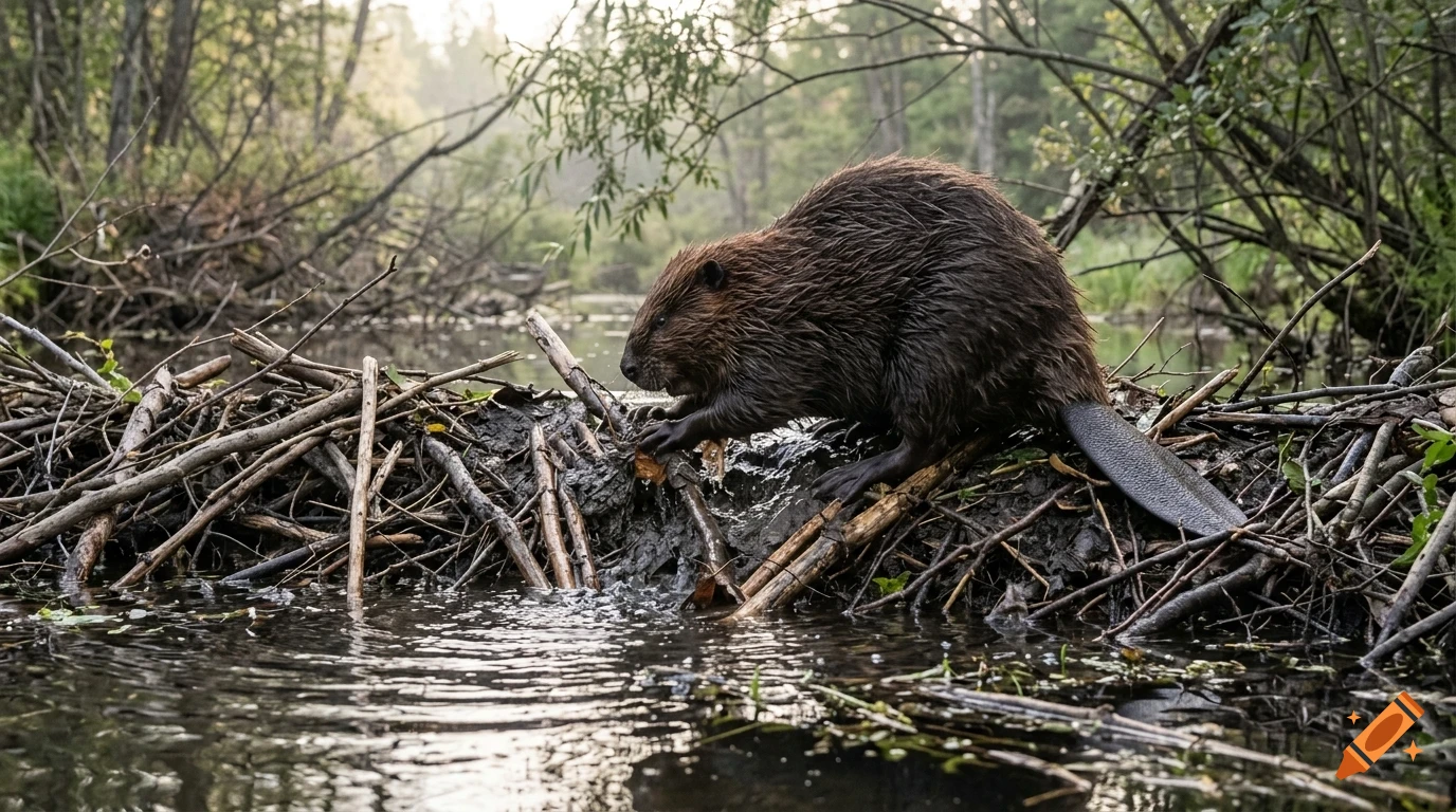 A beaver working on its lodge by a river in the forest.