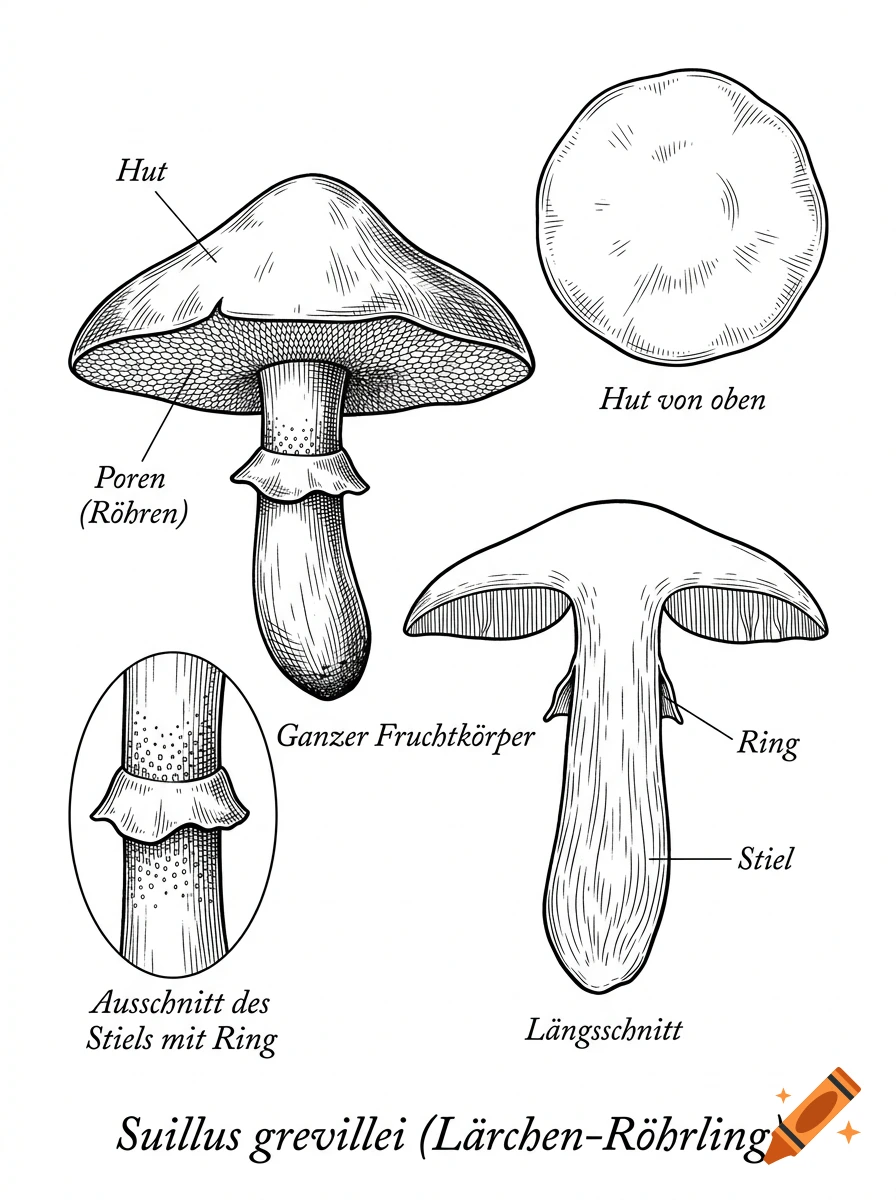 Vintage botanical illustration of the mushroom Suillus grevillei showing cross-section, cap, and stem details with German labels.