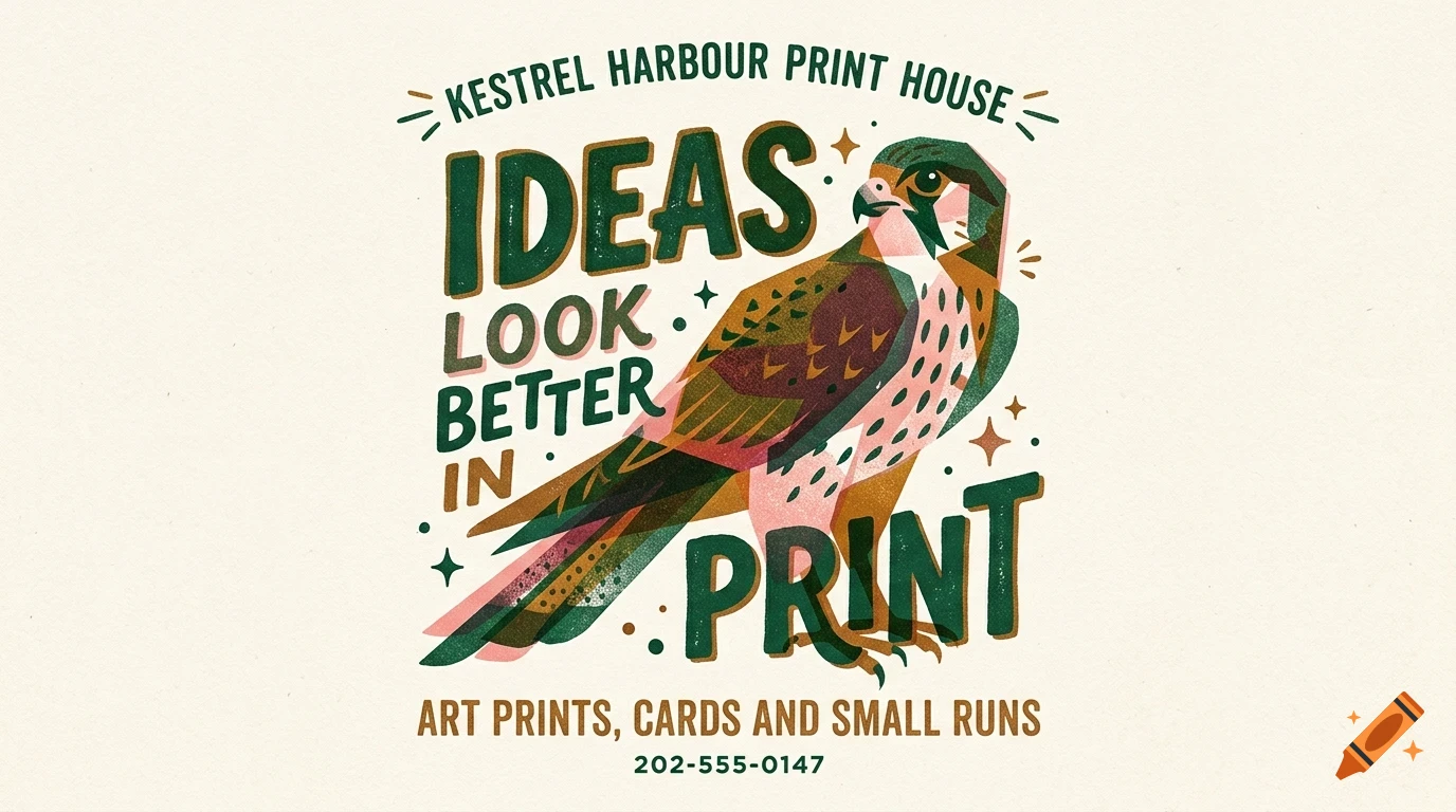 An illustrated poster featuring a kestrel bird and the text 'IDEAS LOOK BETTER IN PRINT' alongside 'KESTREL HARBOUR PRINT HOUSE'.