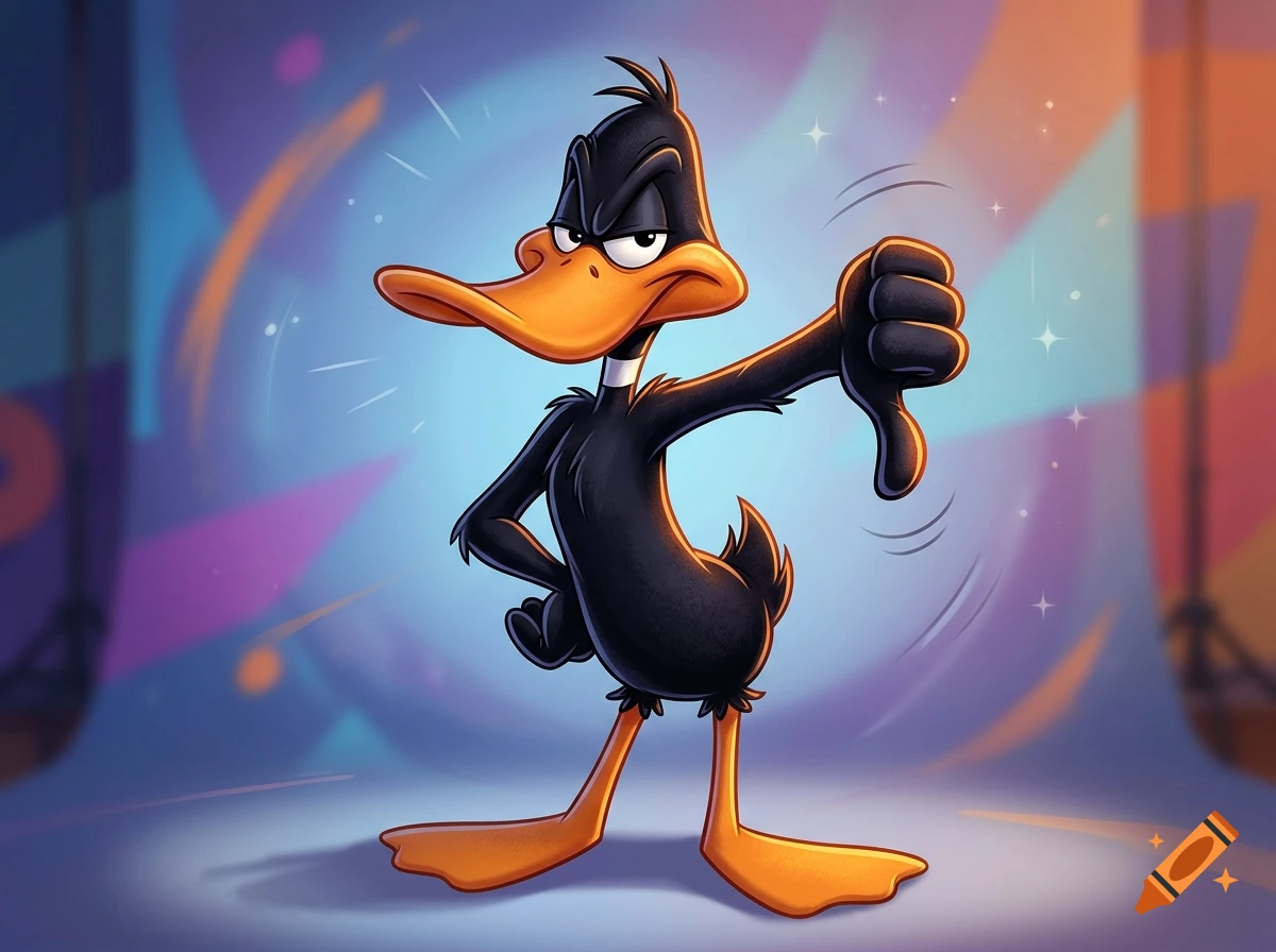 Daffy Duck giving a thumbs down in a cartoon style against a colorful background.