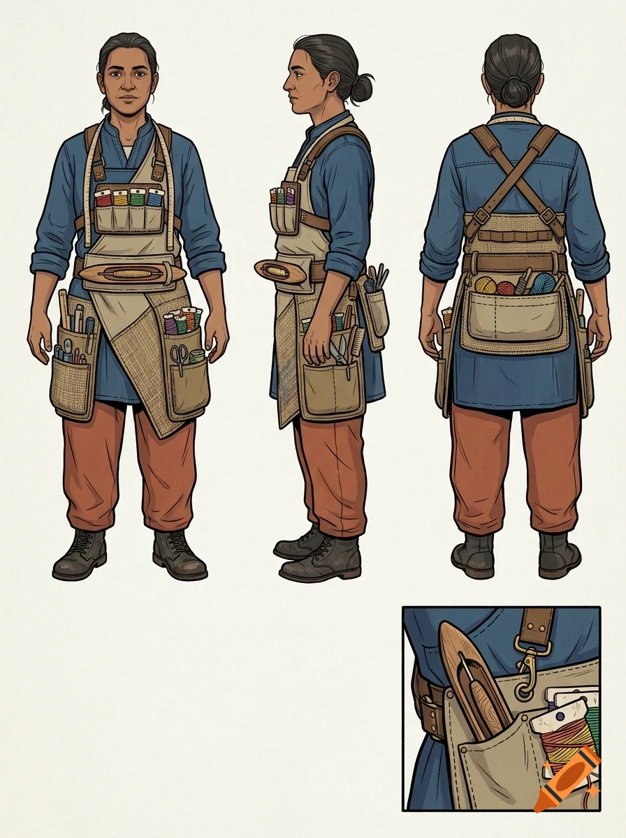 Character design sheet showing a person in a blue shirt and orange trousers wearing a utility apron from front, side, and back views, with a close-up inset.