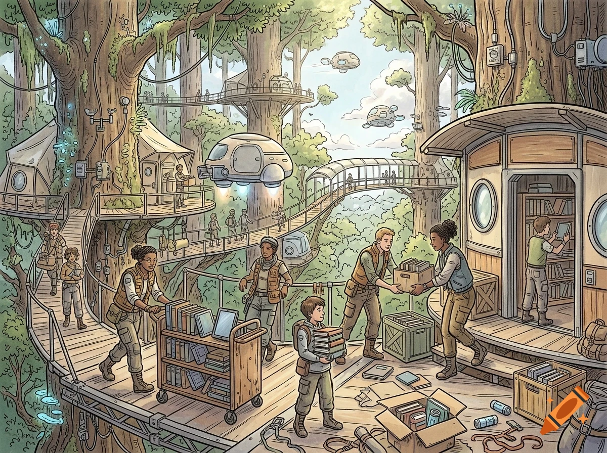 An illustrated futuristic treehouse community with people organizing books, walkways, and flying vehicles among giant trees.