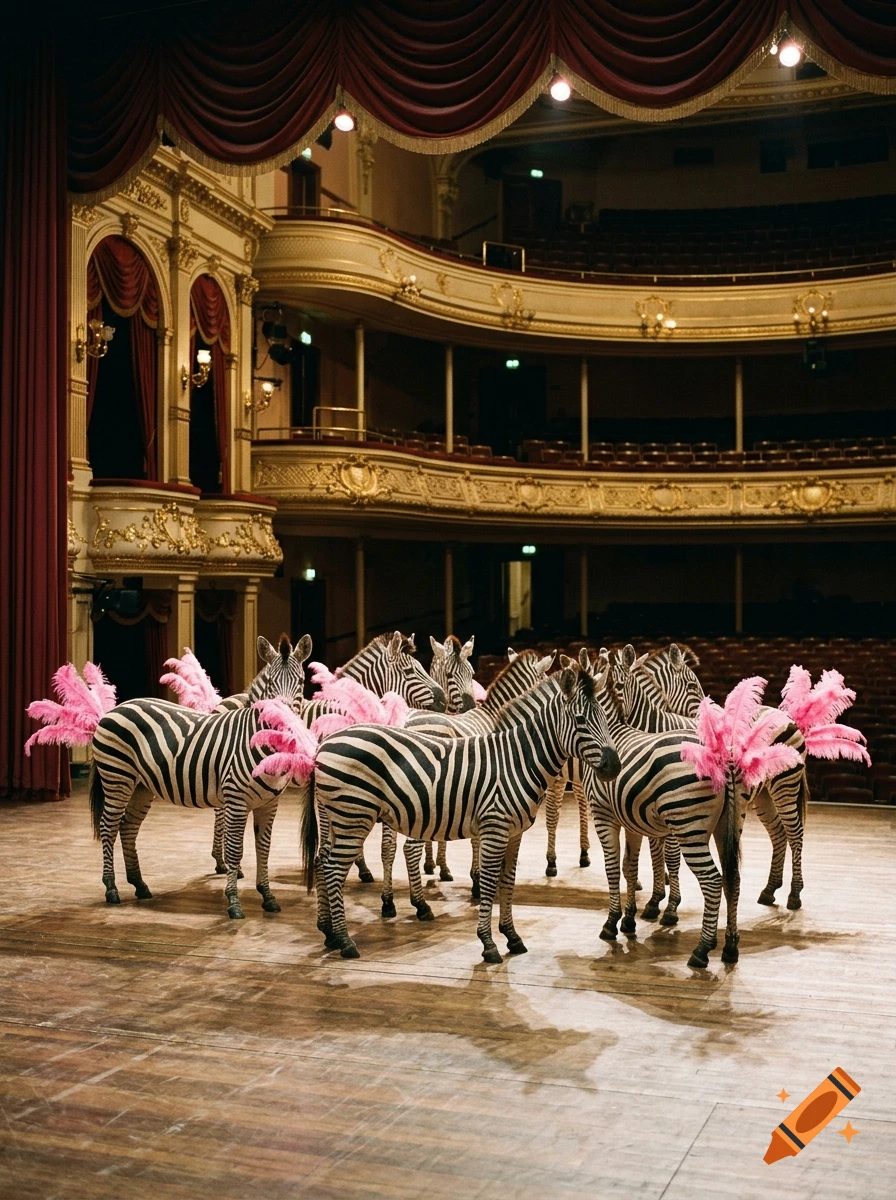 Photorealistic image of multiple zebras standing on a wooden stage in a grand music hall, with pink feathers attached to their tails.