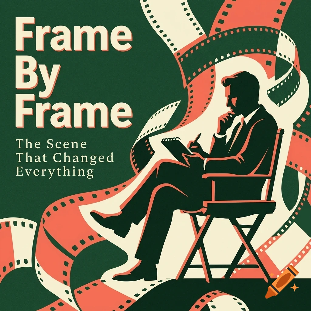 A retro-style illustration of a man sitting in a director's chair, writing on a notepad, surrounded by swirling film strips and the text Frame By Frame.