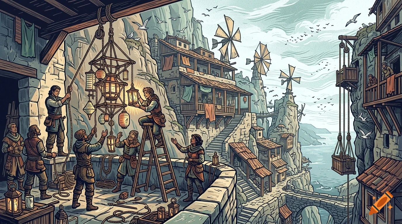 Illustration of people hanging lanterns in a cliffside village overlooking the sea, with windmills and multi-level wooden buildings.