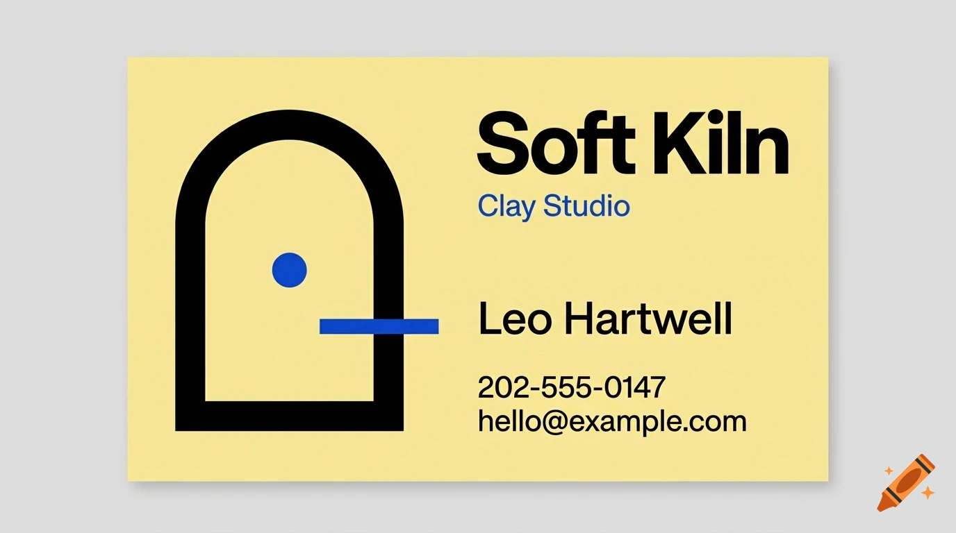 A business card with a yellow background, a black arch logo with a blue dot and line, and the text Soft Kiln, Leo Hartwell, and contact info.