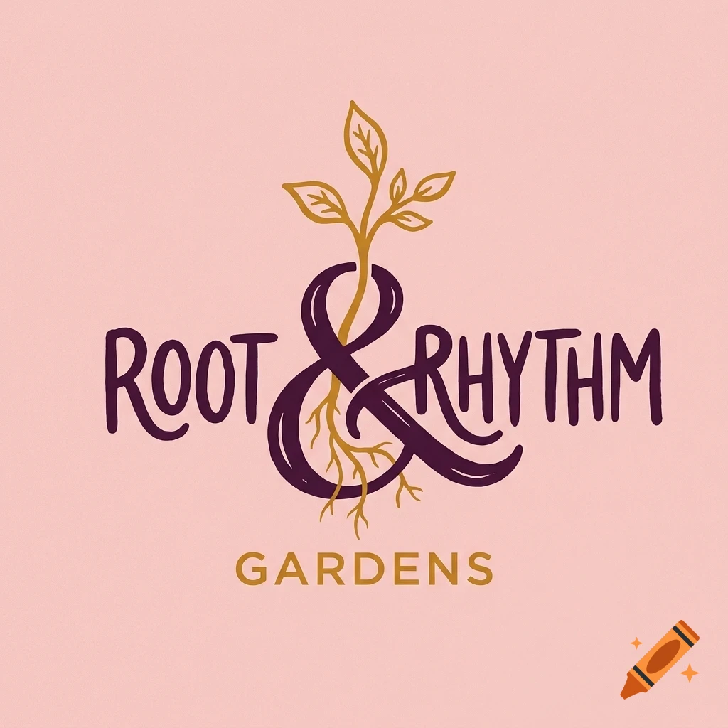 A logo design with the text 'Root & Rhythm' featuring an ampersand shaped like plant roots and stems, with 'Gardens' underneath.
