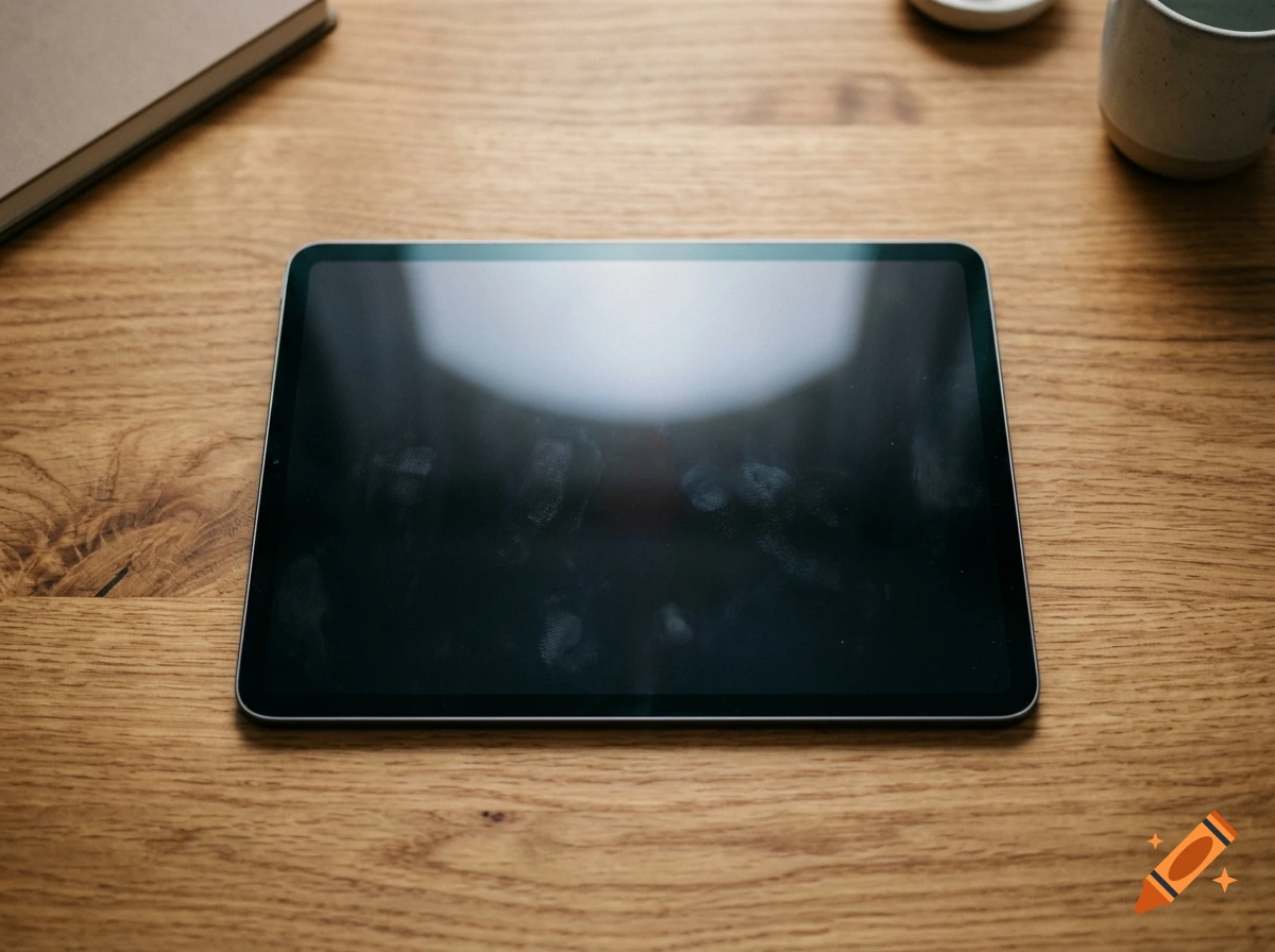 An iPad with fingerprints on the screen resting flat on a wooden desk with a notebook and a mug nearby, photorealistic.