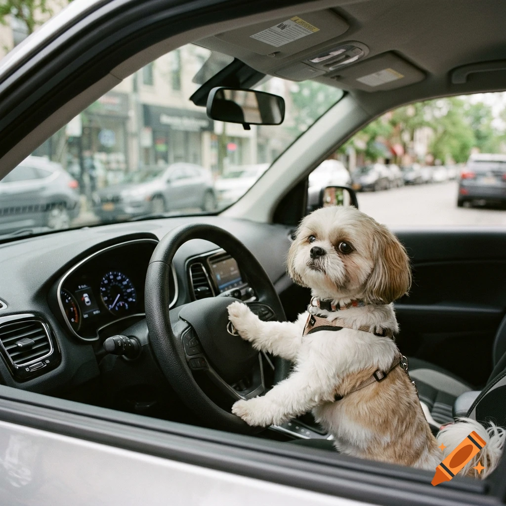 Photorealistic image of a Shih Tzu dog sitting in the driver's seat of a car, holding the steering wheel with its paws.