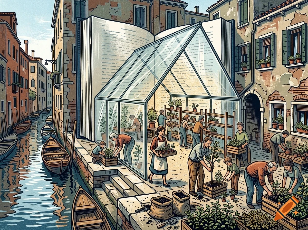 An illustrated street scene along a canal where people are gardening around a greenhouse attached to a giant open book.