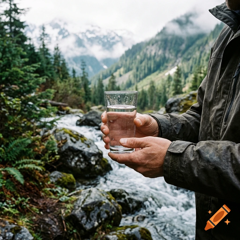 Photorealistic image of a person holding a glass of water near a mountain stream and forest.