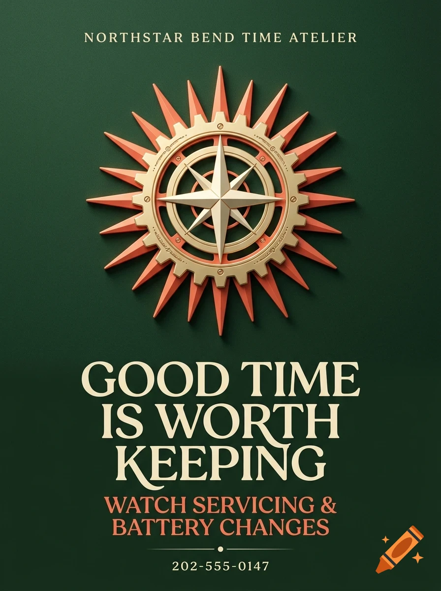 An advertisement for Northstar Bend Time Atelier featuring a sunburst and compass gear emblem on a dark green background with text.