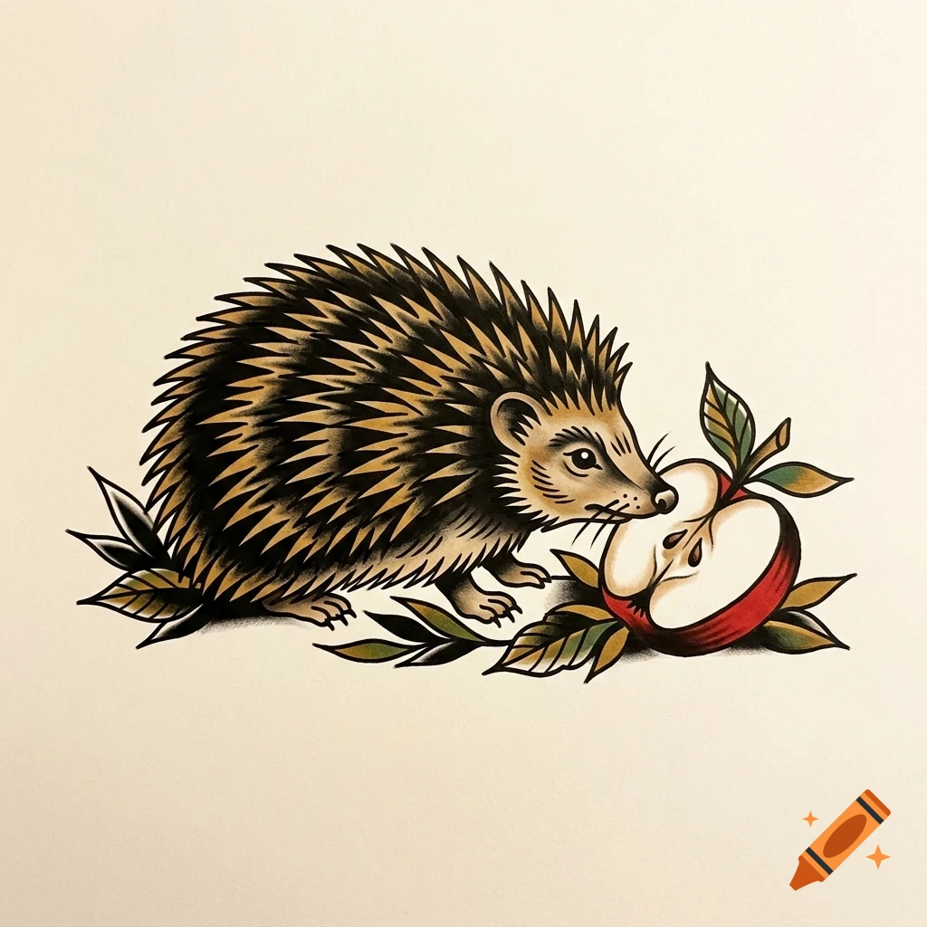 An illustrative drawing of a hedgehog sniffing a sliced apple surrounded by leaves.