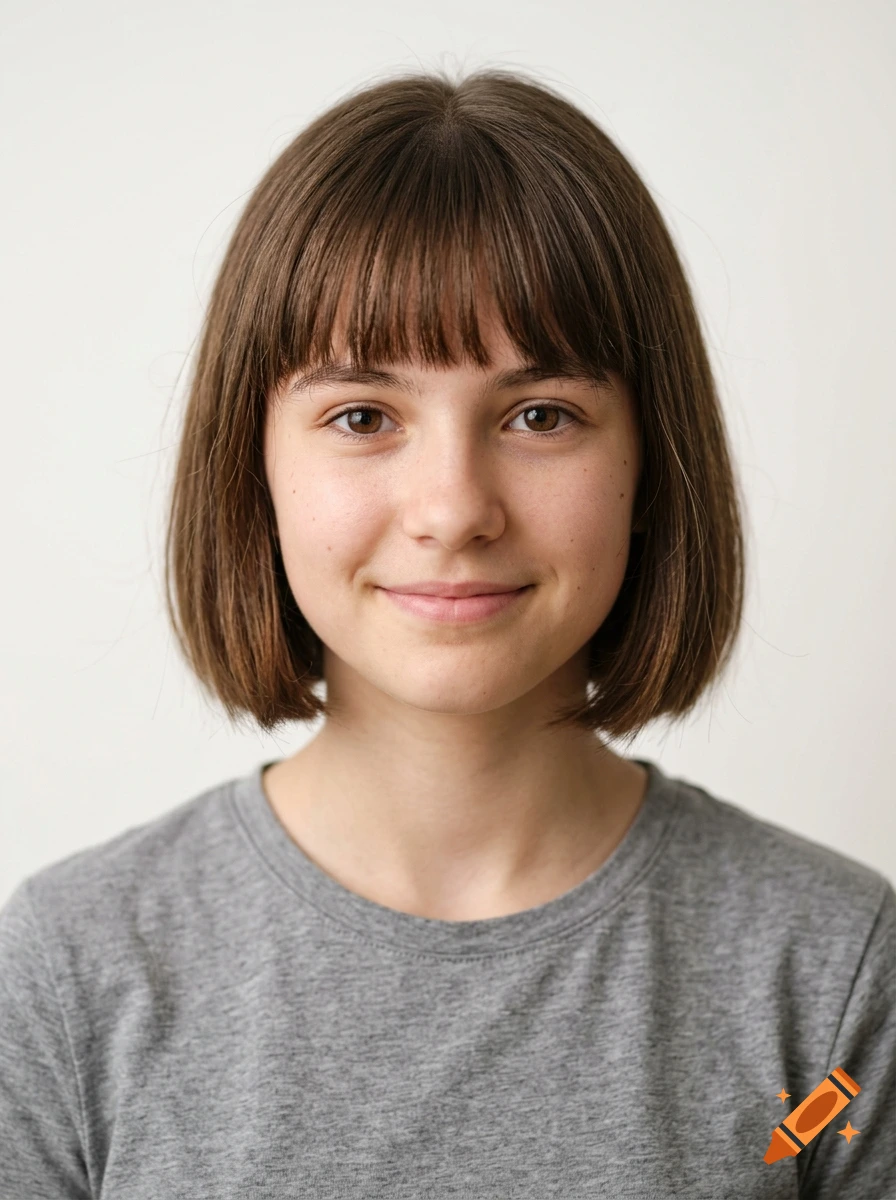 Portrait of a 15-year-old girl with brown hair and bangs wearing a grey t-shirt against a neutral white background, realistic style.