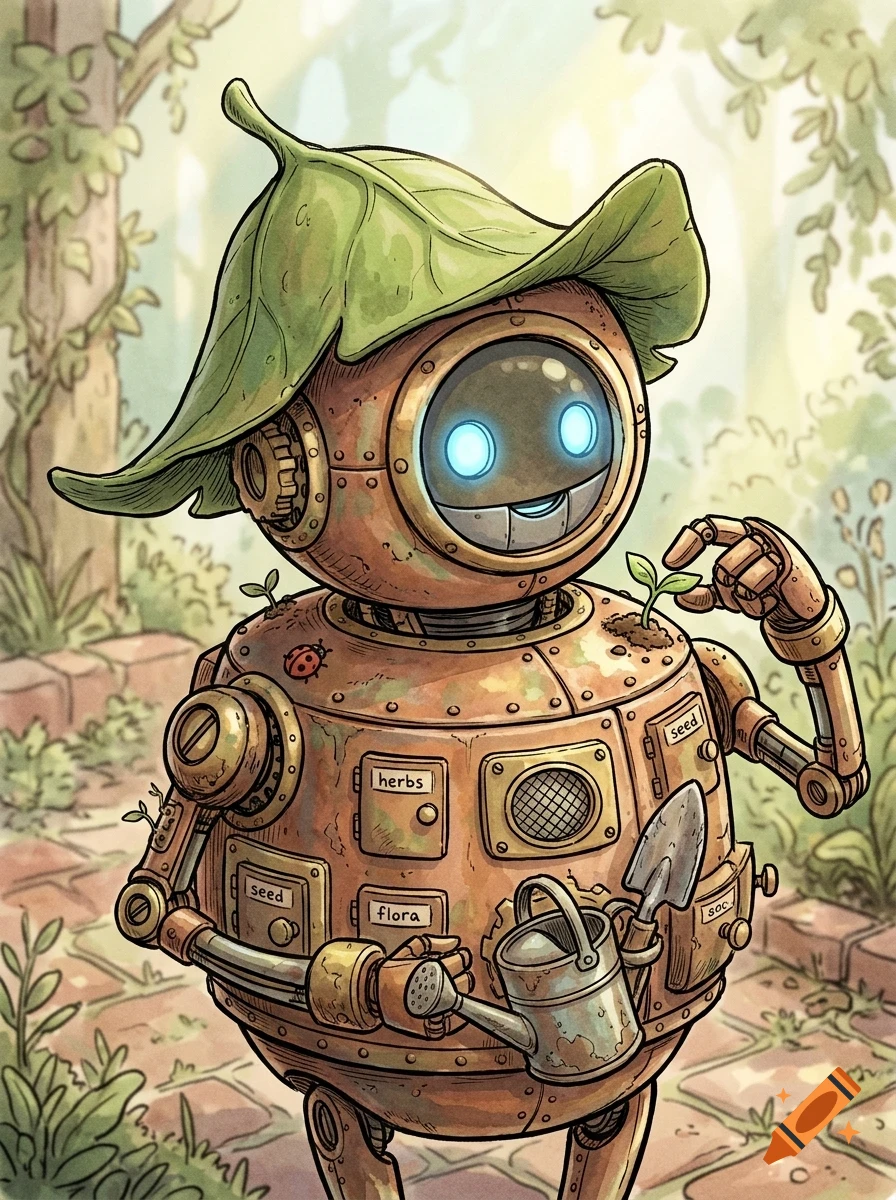 A friendly round metal robot wearing a leaf hat, holding a watering can in a garden.