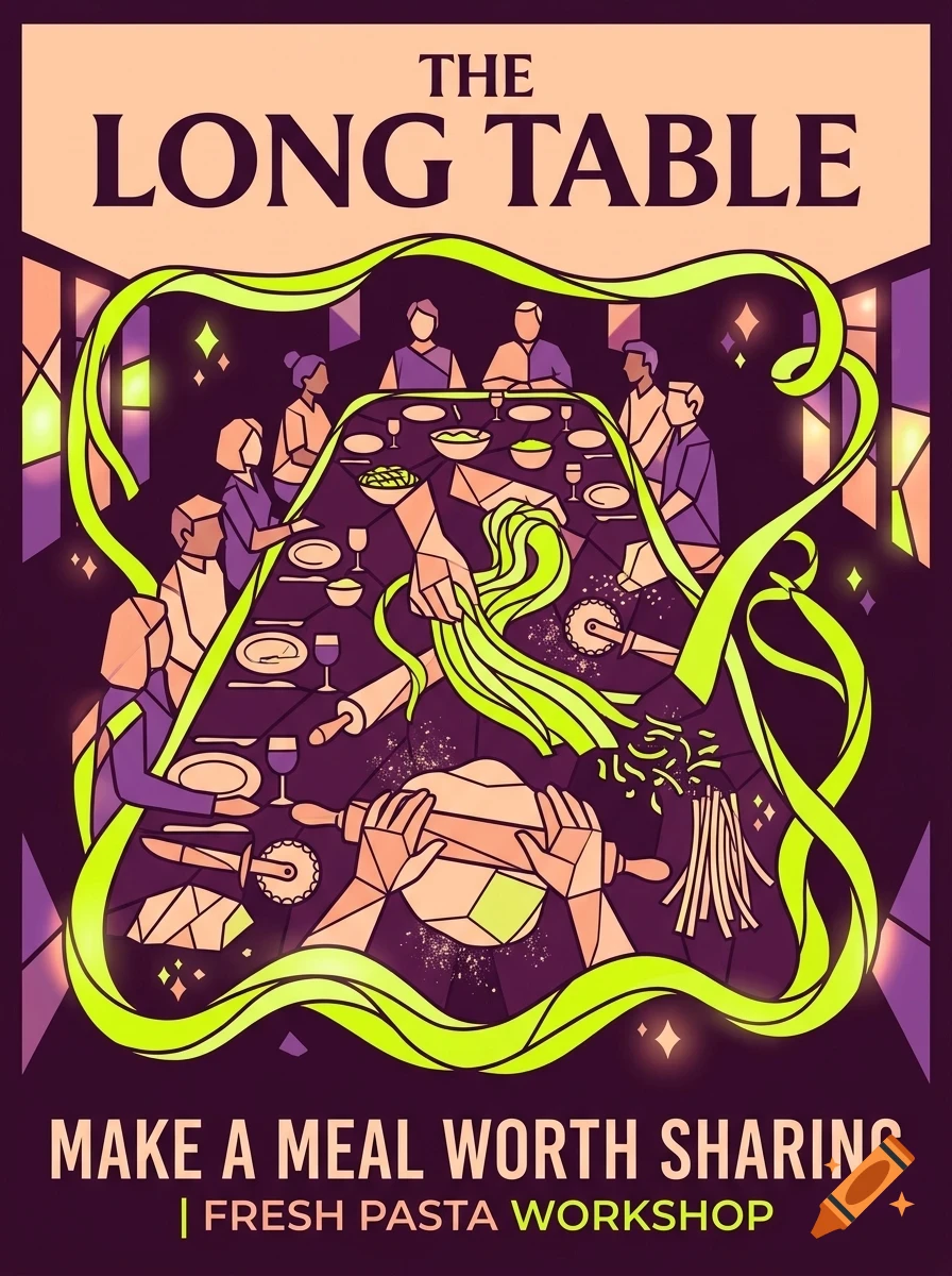 An illustrated poster titled THE LONG TABLE with people gathered around a long table for a fresh pasta workshop, surrounded by a ribbon of pasta.