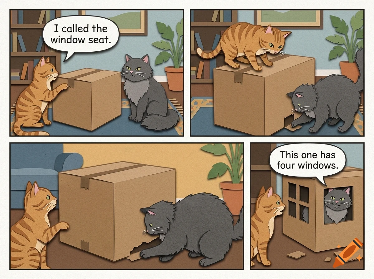 A four-panel comic strip featuring an orange tabby cat and a grey cat interacting with a cardboard box, ending with the grey cat inside a box modified with cut-out windows.
