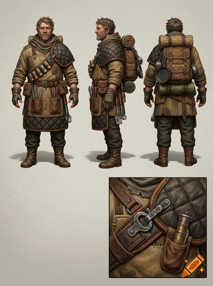 Concept art showing multiple angles of a male character in rugged traveler attire with a backpack and cooking utensils.