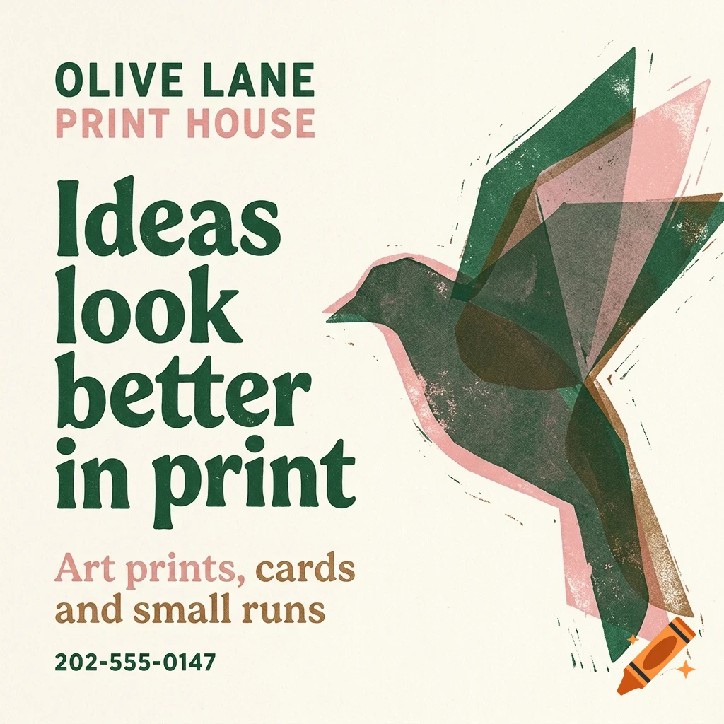 An artistic print featuring a stylized bird in flight and bold typography reading Olive Lane Print House Ideas look better in print.