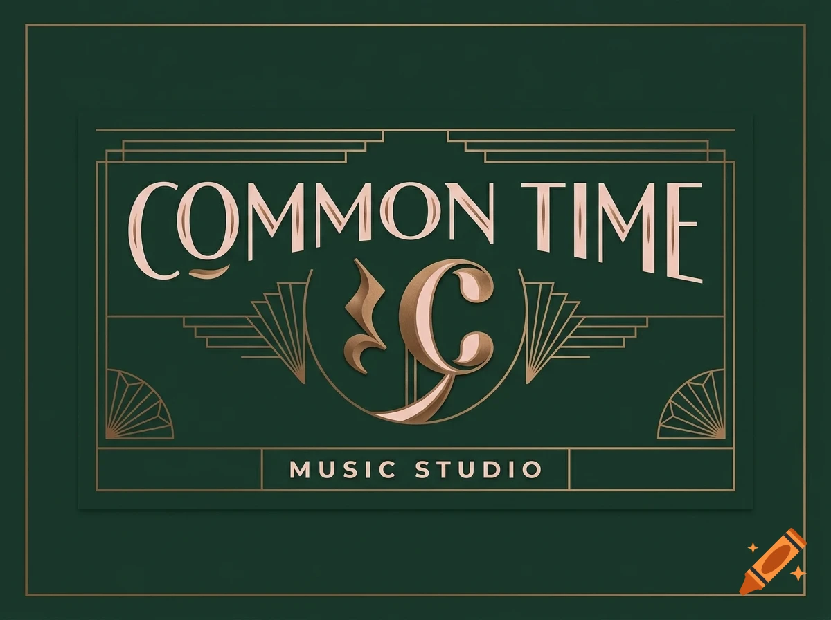 An art deco style logo featuring the text Common Time and Music Studio in gold lettering on a dark green background.