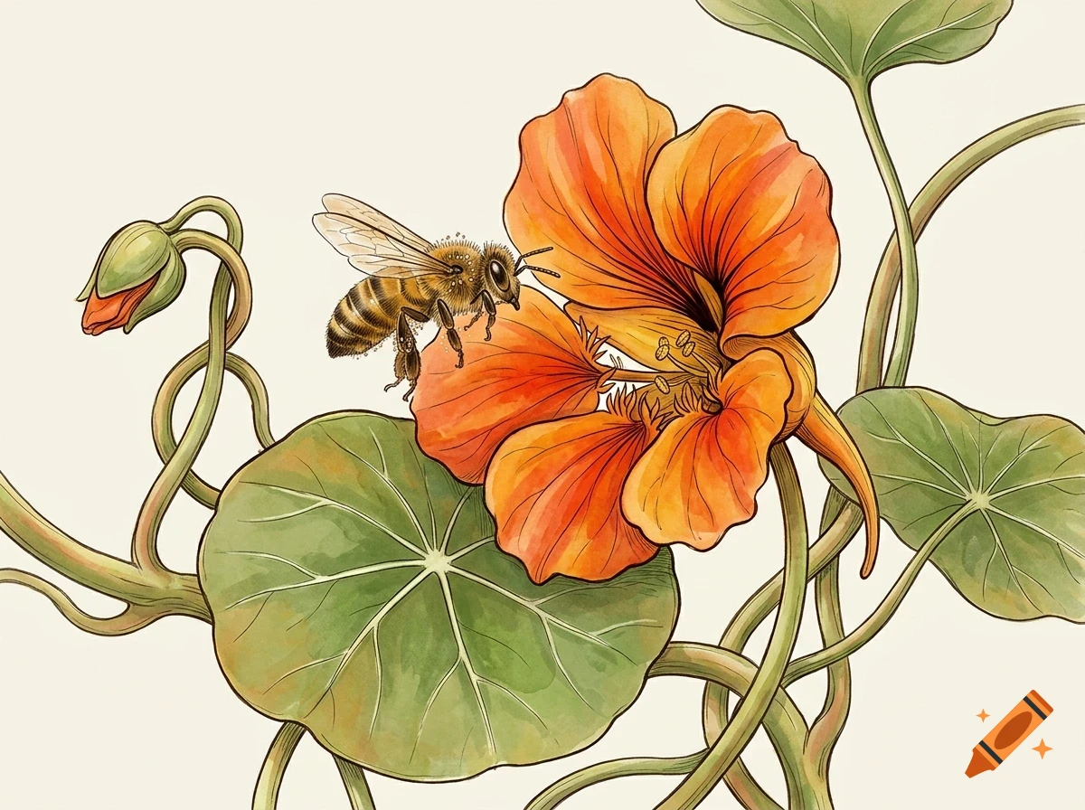 A detailed illustration of a bee hovering near an orange nasturtium flower with green leaves and vines.