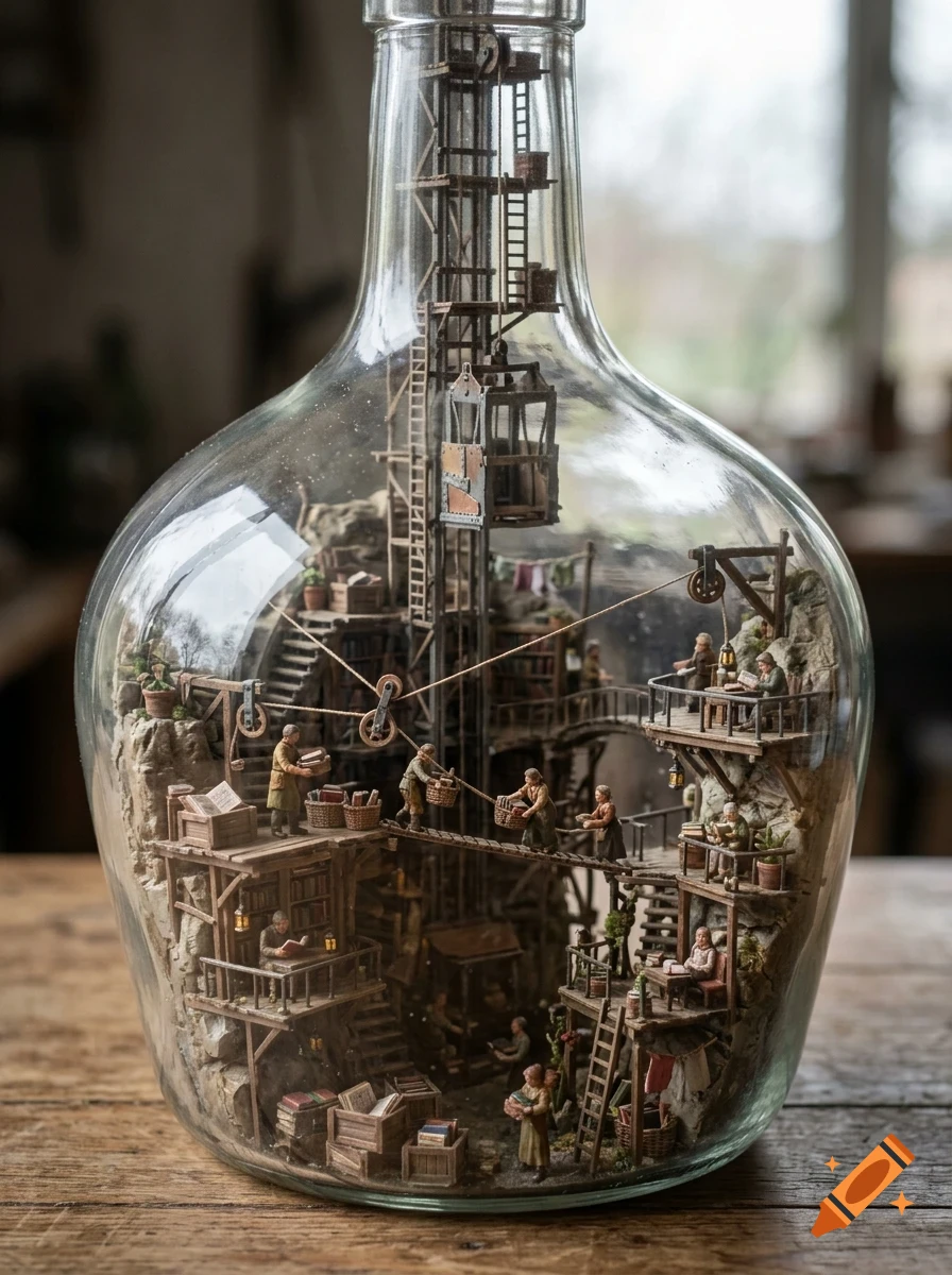 A detailed miniature scene of people working in a library built inside a large glass bottle.