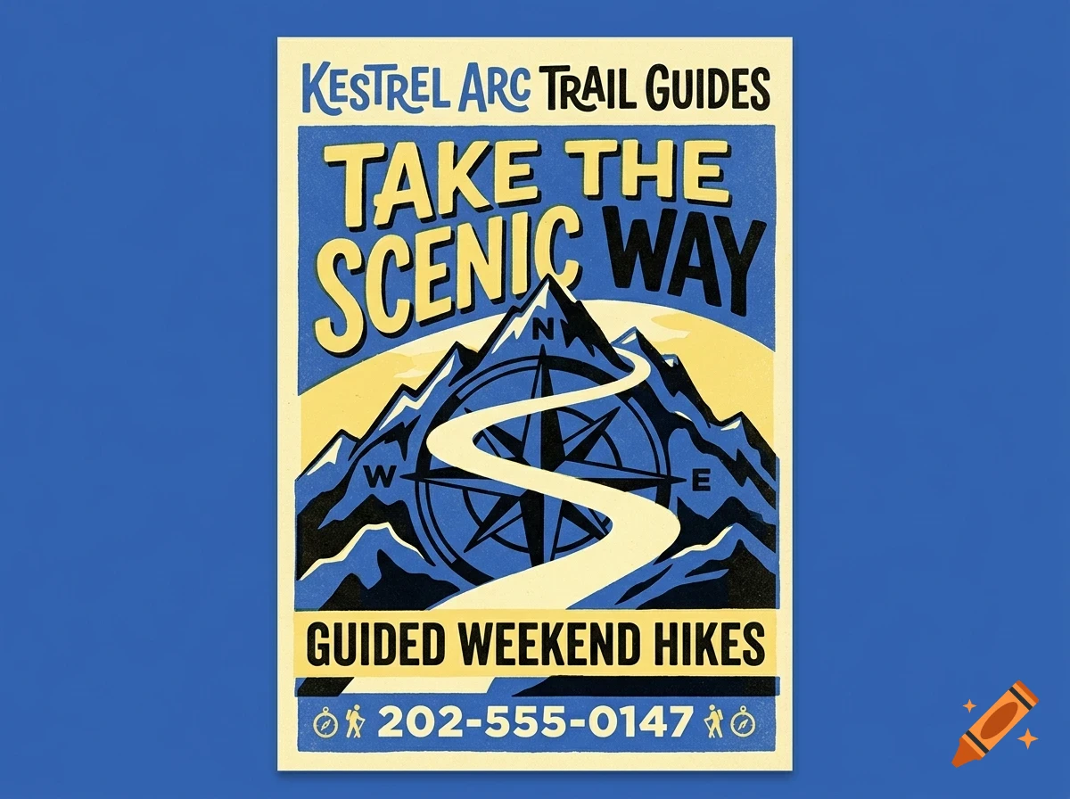 A vintage-style poster depicting blue mountains with a winding white path, a compass rose, and bold lettering reading Take the Scenic Way.