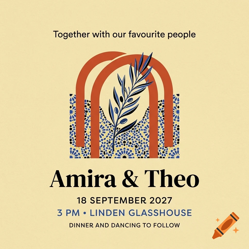 An invitation design with red arches, blue patterned details, a leafy sprig, and text including 'Amira & Theo'.