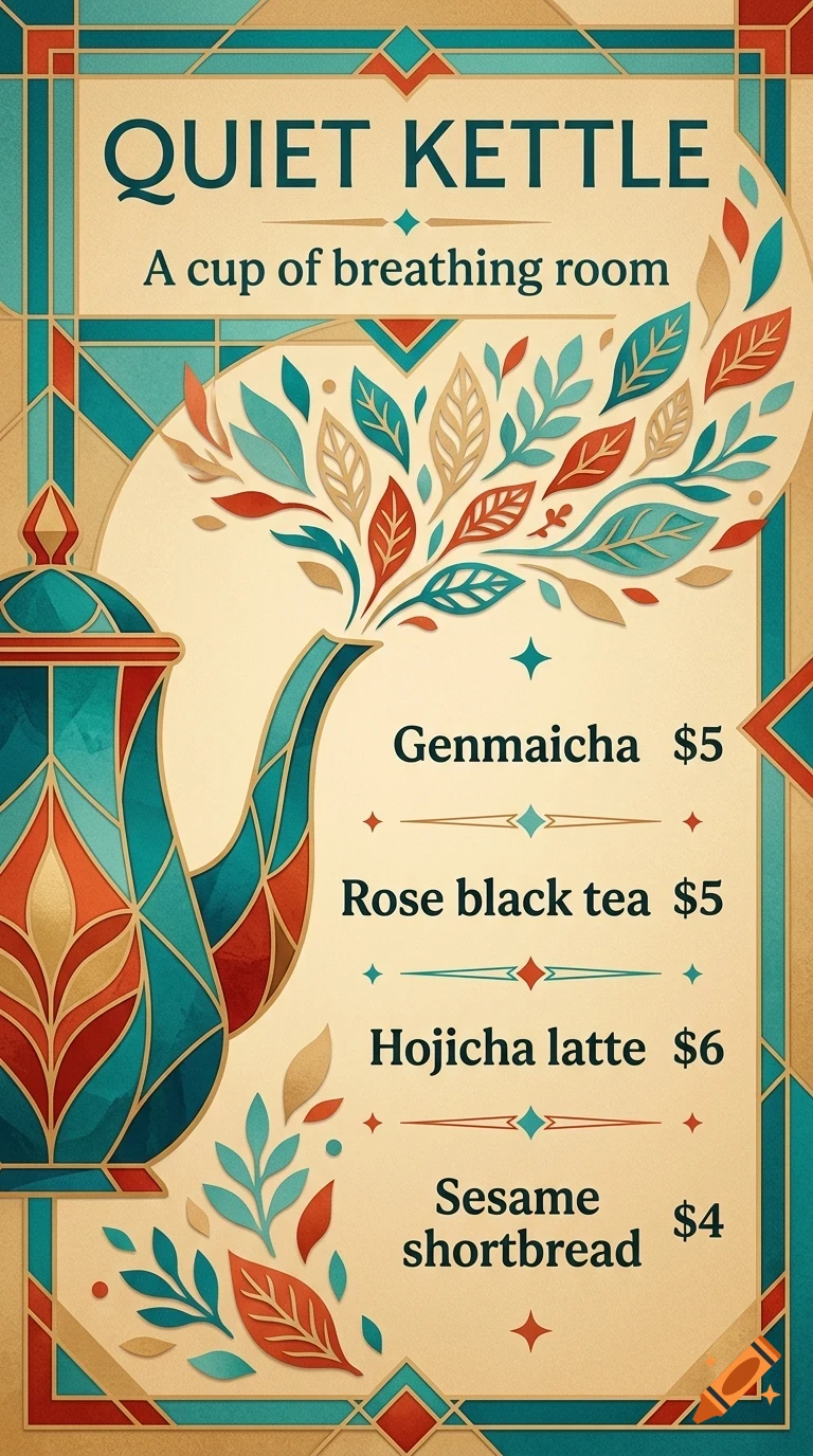 An illustrated menu for Quiet Kettle featuring a tea pot and tea and pastry prices in art deco style.