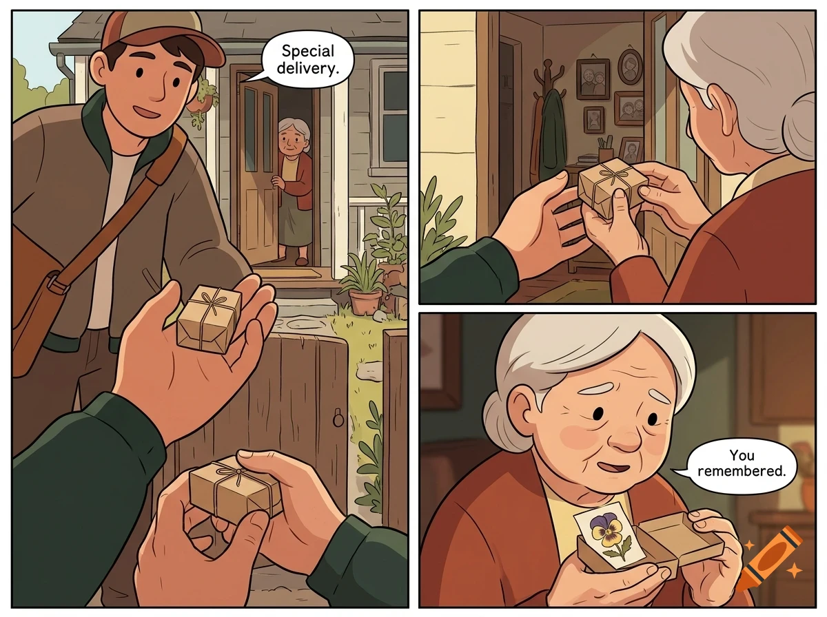 A comic strip showing a young man delivering a small wrapped package to an elderly woman at her front door, who opens it to reveal a card with a flower illustration.