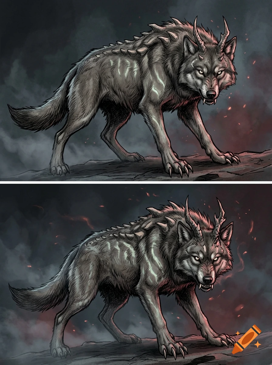Comparison of two illustrated panels showing a mutant grey wolf with horns and spikes on its back standing in a smoky, dark environment.
