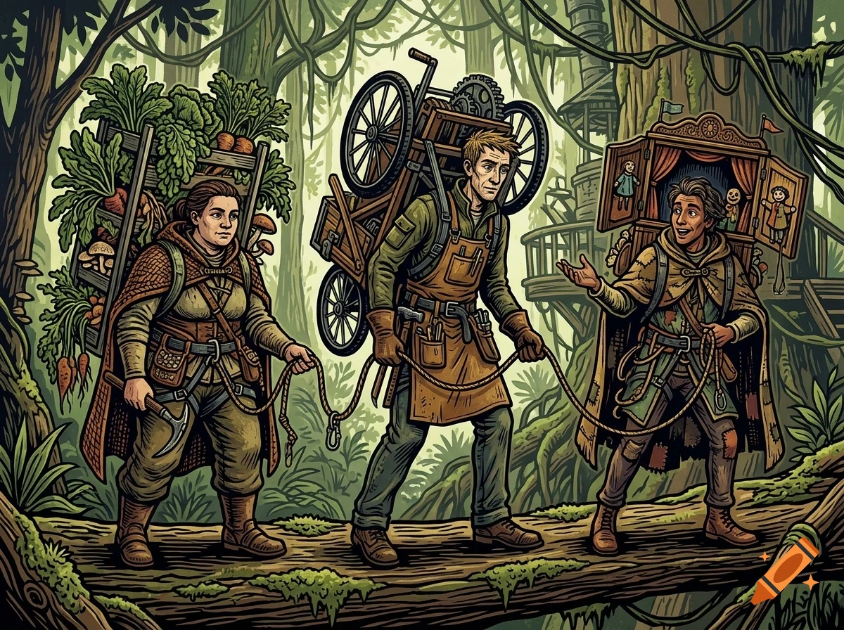 Three people walking across a large mossy log in a lush forest, carrying heavy loads and a small puppet theater on their backs.