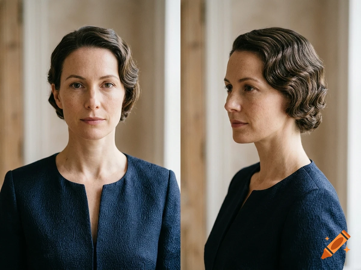 Two portraits of a woman with short wavy brown hair, wearing a dark blue textured top, shown from the front and profile.
