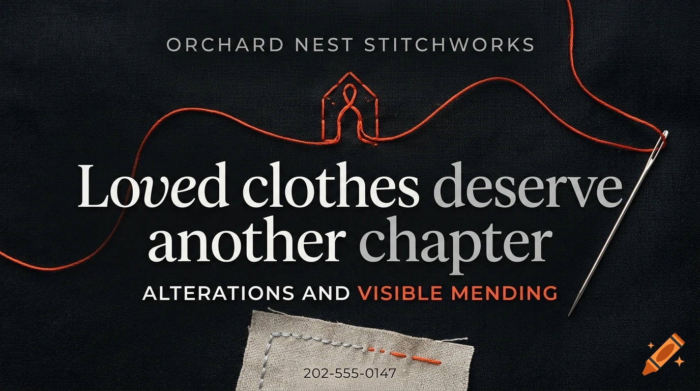 An advertisement for Orchard Nest Stitchworks featuring a needle, orange thread, fabric patch, and the text Loved clothes deserve another chapter.