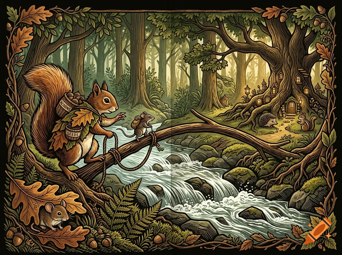 An illustrated woodland scene featuring a squirrel and mice by a stream in a forest.