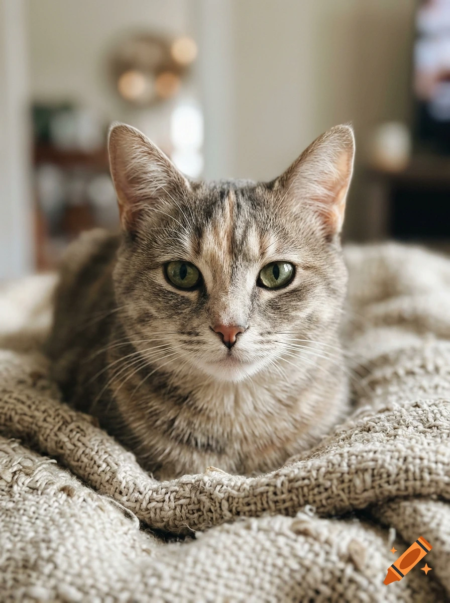 Close-up photorealistic shot of a tabby cat resting on a textured blanket.