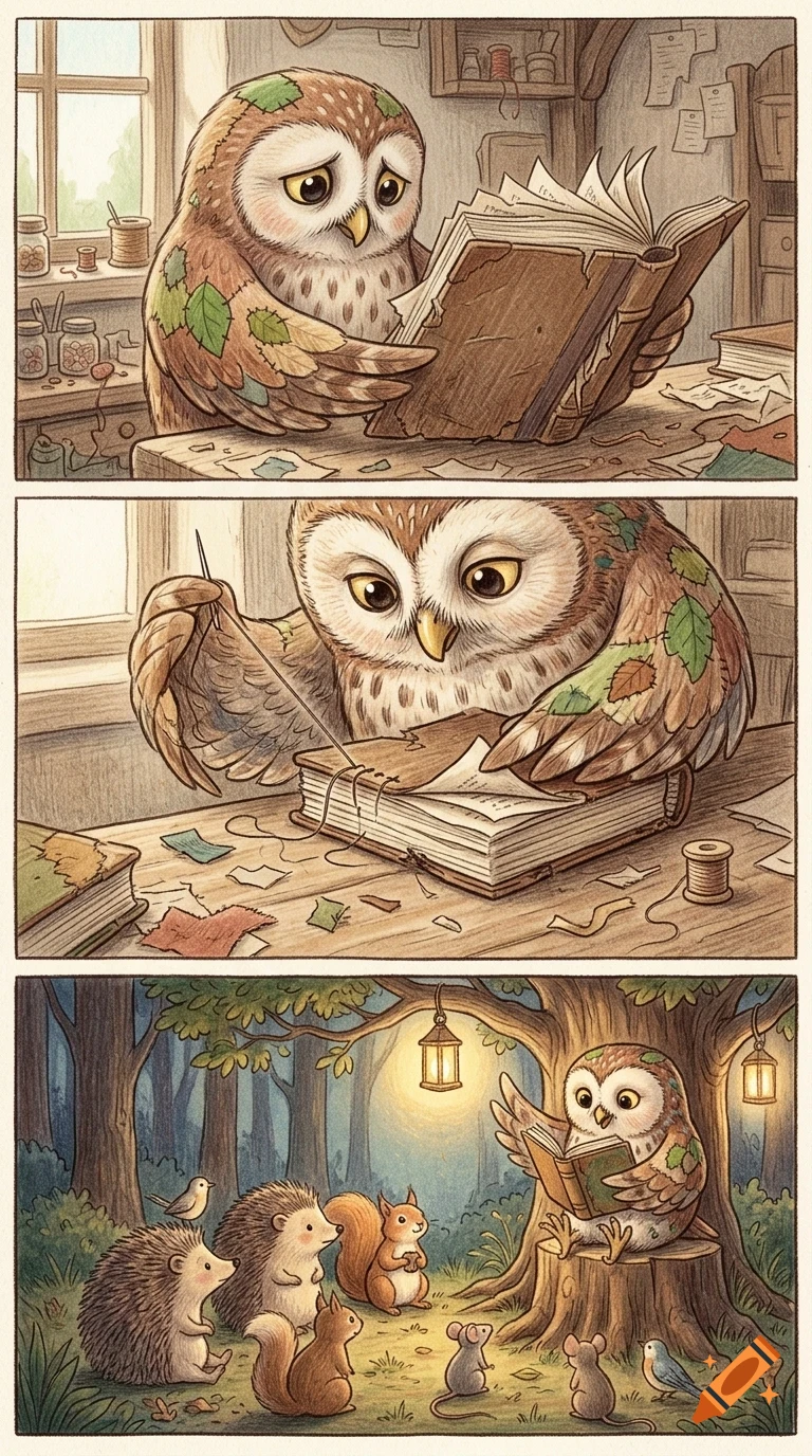 An illustrated comic of an owl reading, repairing a book with a needle and thread, and reading a story to forest animals at night.
