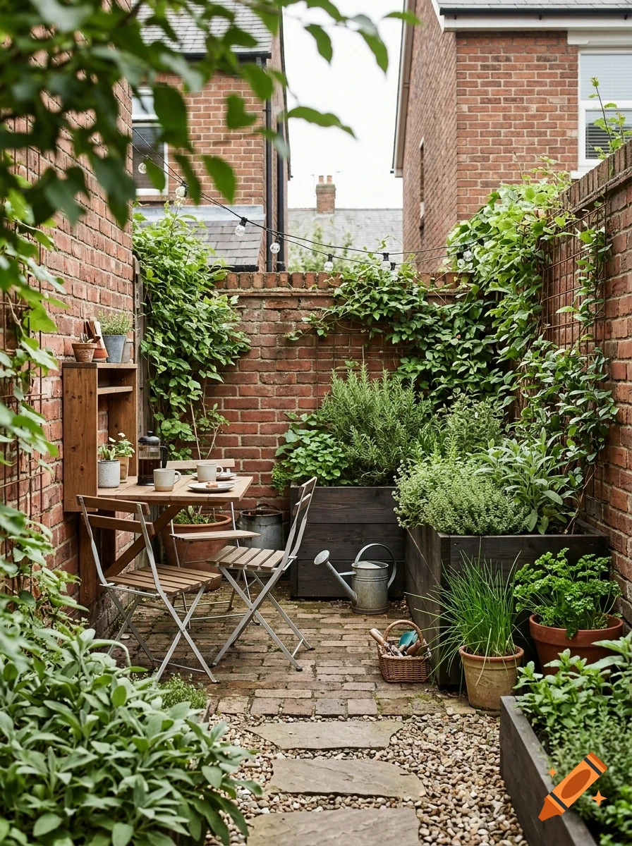 A small brick patio courtyard featuring a wooden folding table and chairs, potted plants, and raised garden beds.