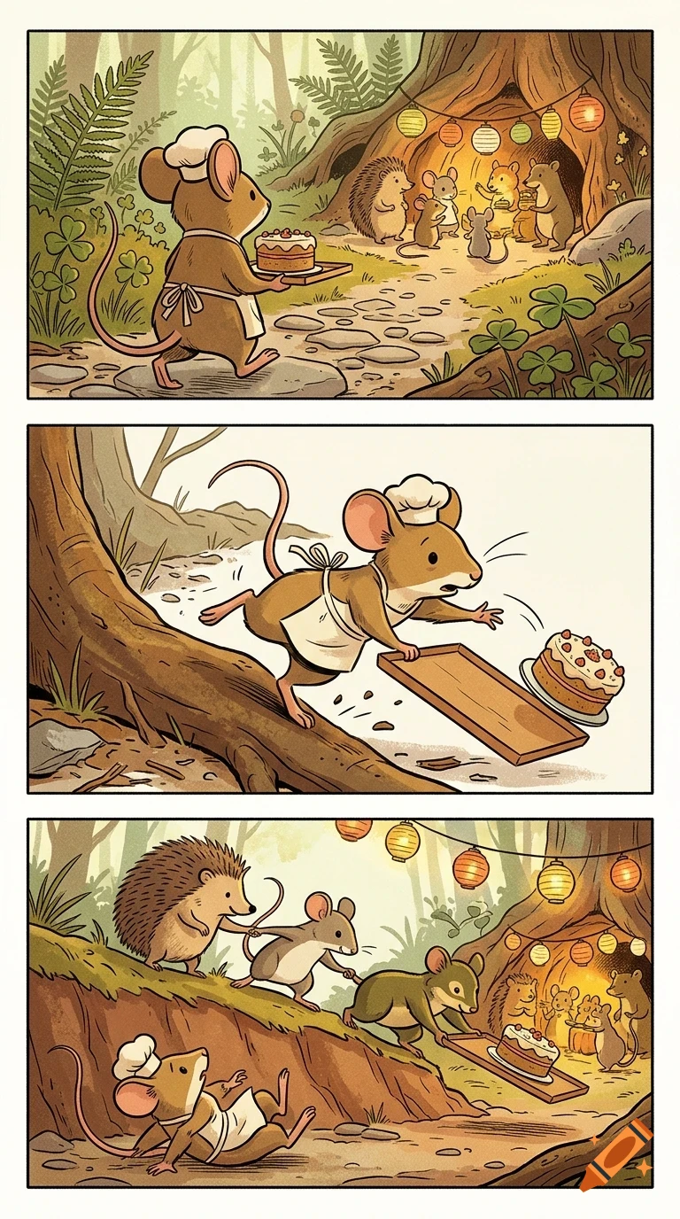 A three-panel comic strip showing an anthropomorphic mouse carrying a cake toward a forest gathering, tripping and dropping it, and then being helped up by friends.