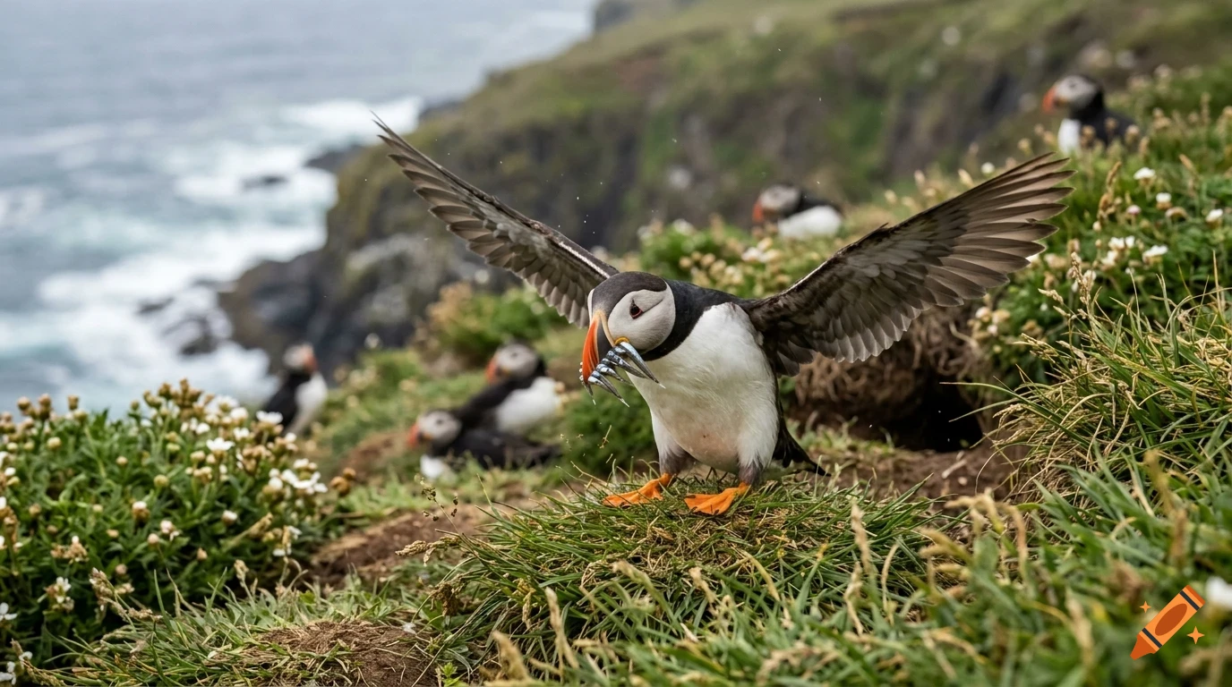 An Atlantic puffin with fish in its beak landing on a grassy coastal cliffside with other puffins and the sea in the background.