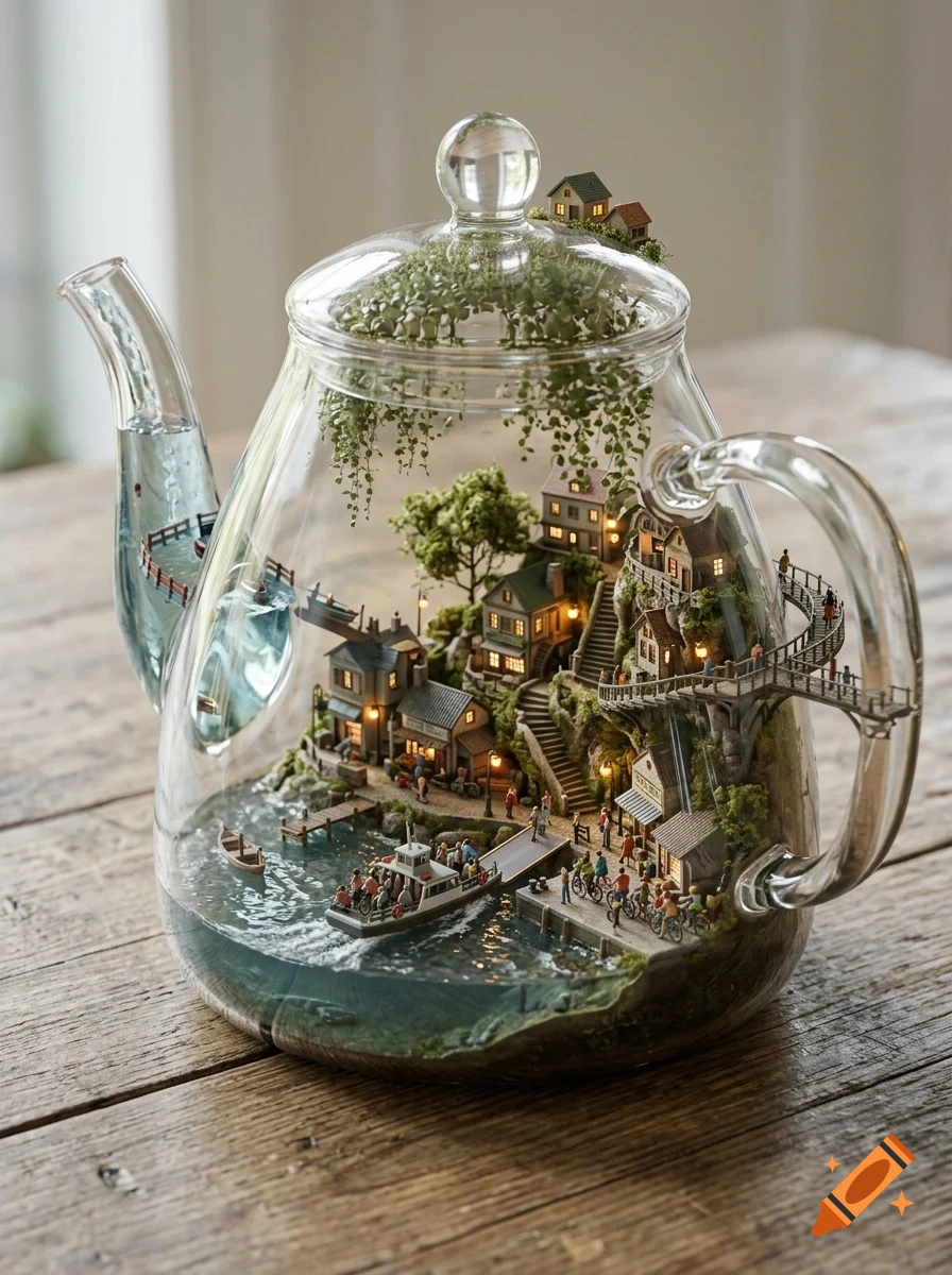 A detailed miniature village with houses, trees, and people built inside a transparent glass teapot.