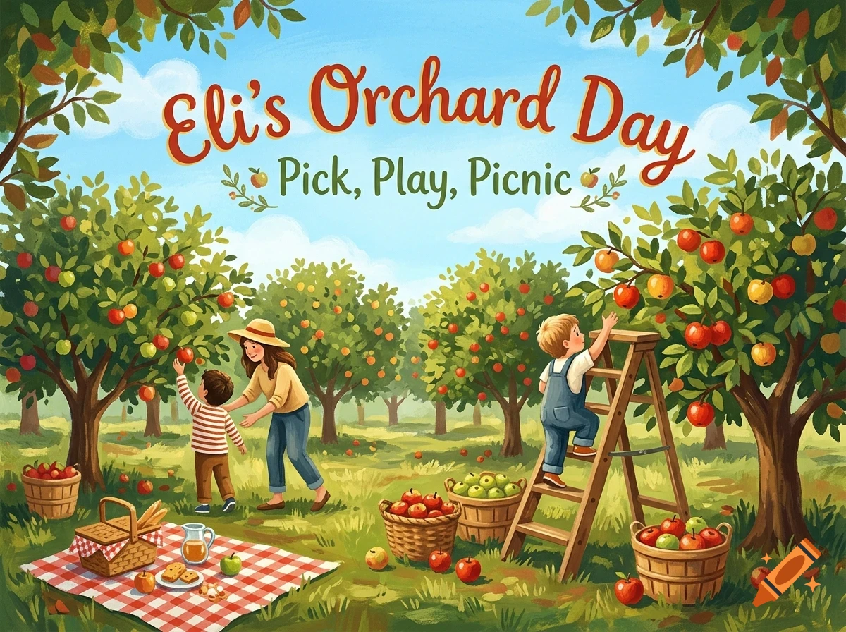 An illustration of people picking apples in an orchard, with baskets, a picnic blanket, and trees under a blue sky, featuring text that reads Eli's Orchard Day.